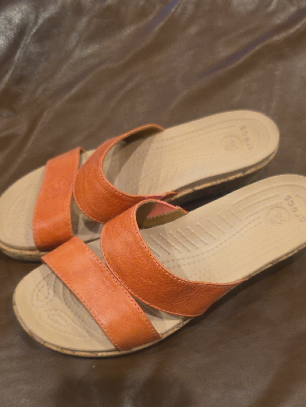 CROCS A-Leigh Leather Cork Wedge Womens Double Strap Slide Sandals. Sz 8